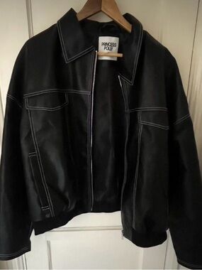 Princess Polly Black Faux Leather Jacket with White Stitching